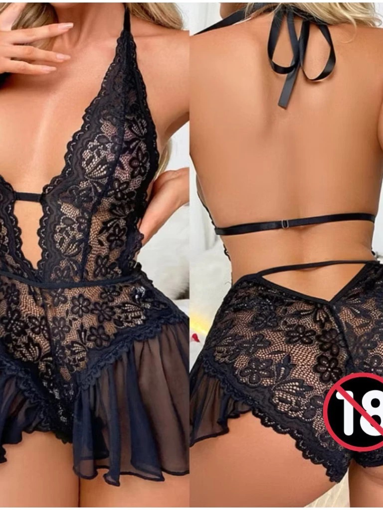 Lingerie Body Rendado Princesinha com sainha e abertura sexy + decote — Body — SKU 933230824. Cor: Preto, Branco, Vermelho. Tamanho: M, G, GG