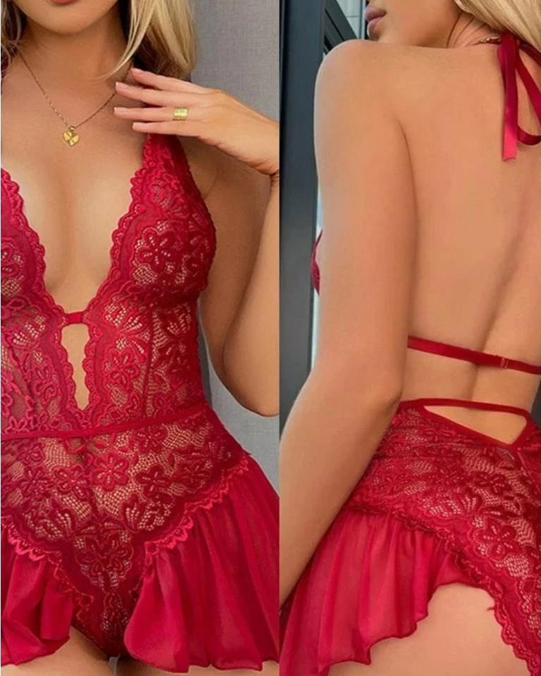 Lingerie Body Rendado Princesinha com sainha e abertura sexy + decote — Body — SKU 933230824. Cor: Preto, Branco, Vermelho. Tamanho: M, G, GG