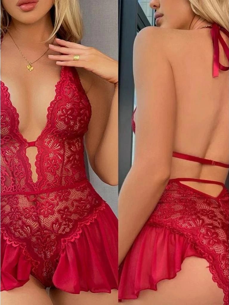 Lingerie Body Rendado Princesinha com sainha e abertura sexy + decote — Body — SKU 933230824. Cor: Preto, Branco, Vermelho. Tamanho: M, G, GG