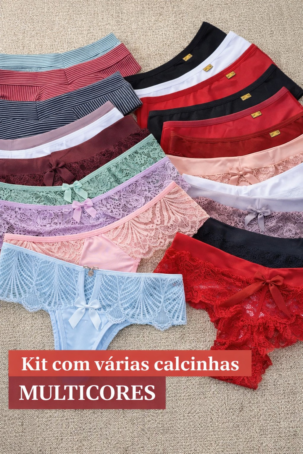 Kit com 10 Calcinhas de Lingerie Variadas – Queima de Estoque — Kits de Lingerie — SKU KIT-10-CAL. Cor: Cores sortidas pelo sistema. Tamanho: 10 P, 10 M, 10 G, 10 GG
